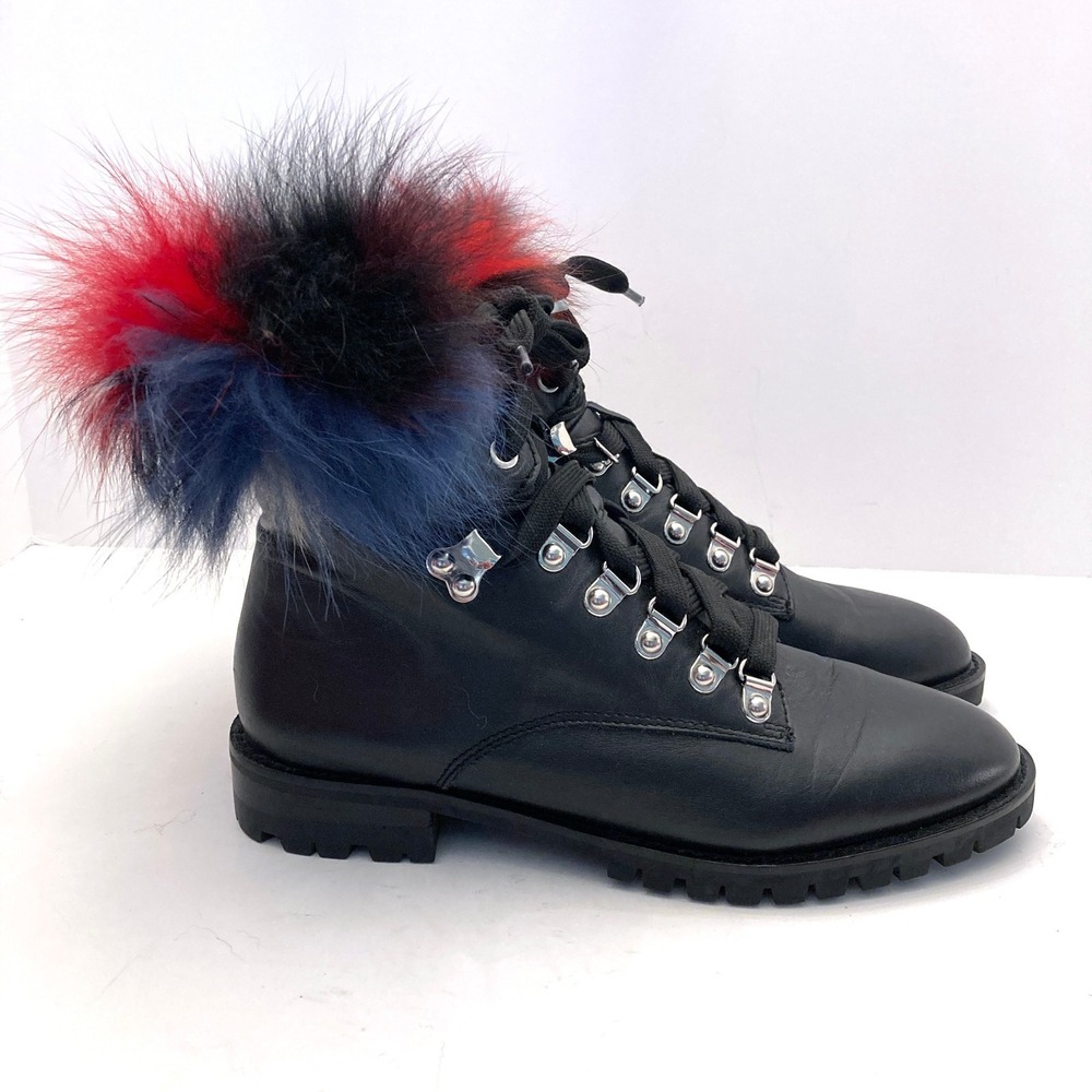 Rebecca Minkoff Jaylin Fur Trimmed Black Leather Combat Boots Womens 8M Lug Sole